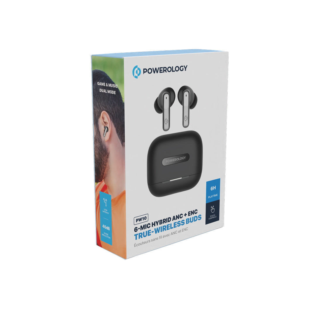 Powerology 6 Mic Hybrid ANC + ENC True Wireless Buds - PWLAU010-BK - Black