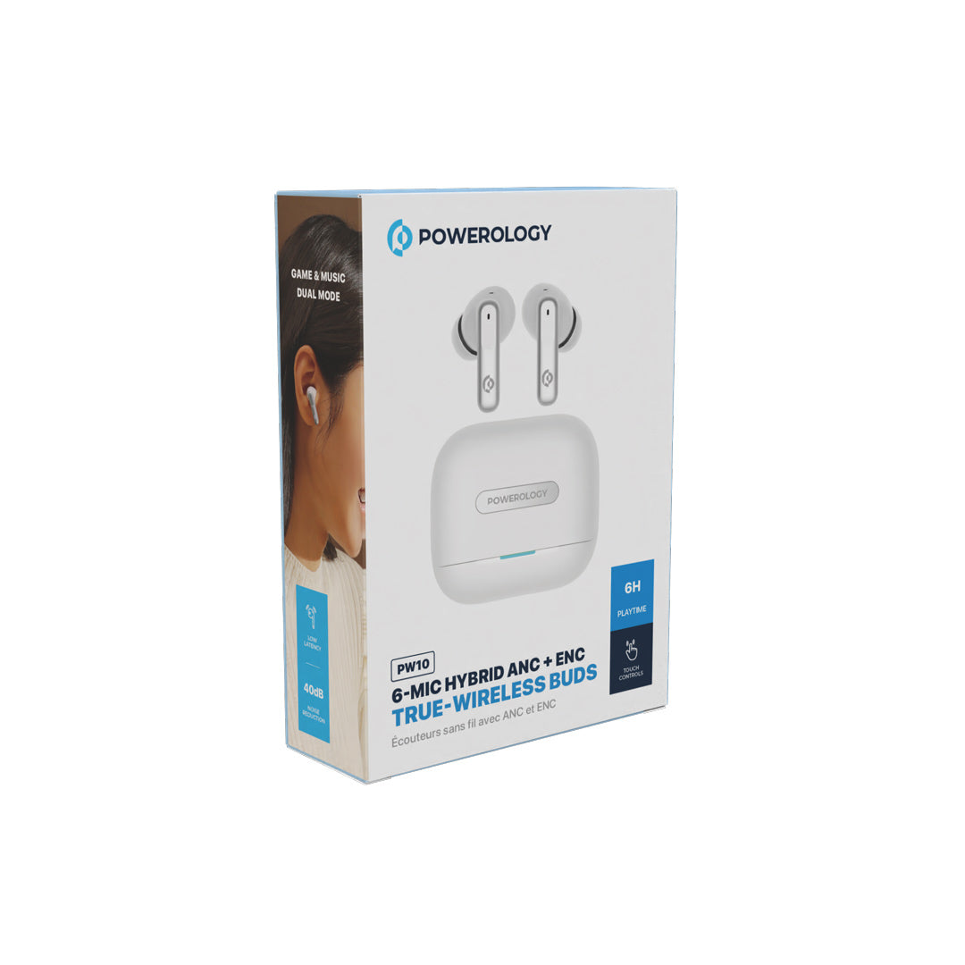 Powerology 6 Mic Hybrid ANC + ENC True Wireless Buds - PWLAU010-WH - White