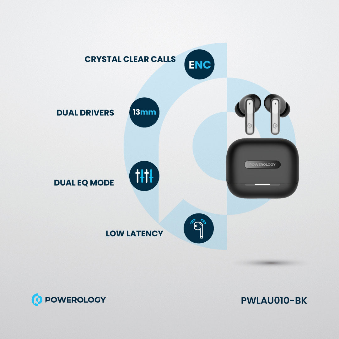 Powerology 6 Mic Hybrid ANC + ENC True Wireless Buds - PWLAU010-BK - Black