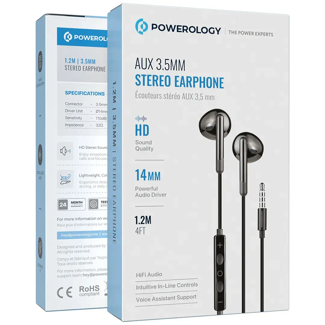 Powerology سماعة أذن ستيريو AUX 3.5 ملم - PWEPHR17BK - أسود