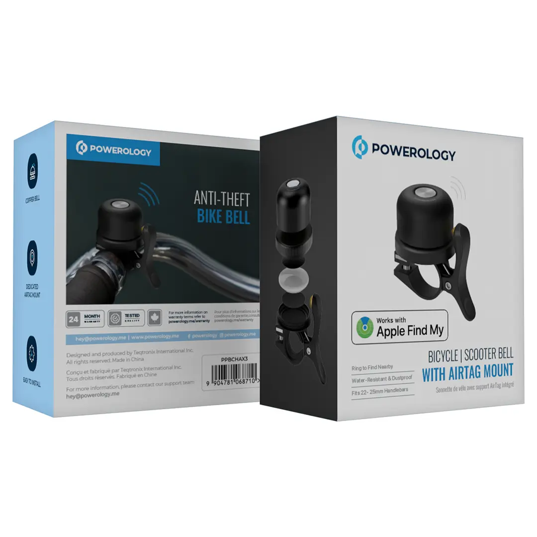 Powerology Bicycle, Scooter Bell With Airtag Mount - PPBCHAX3 - Black
