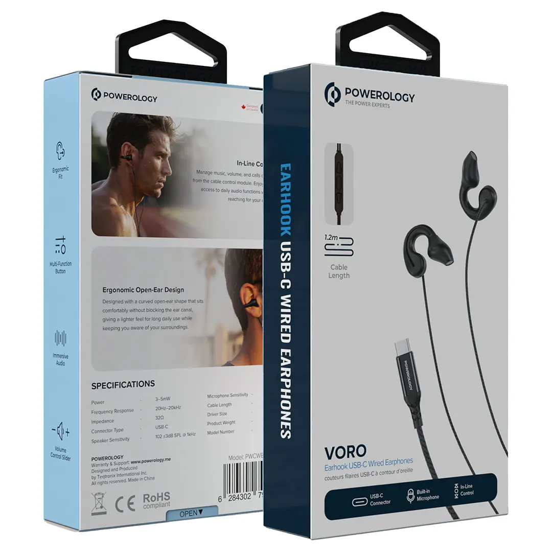 Powerology Voro سماعات سلكية معلقة بمنفذ USB-C - أسود