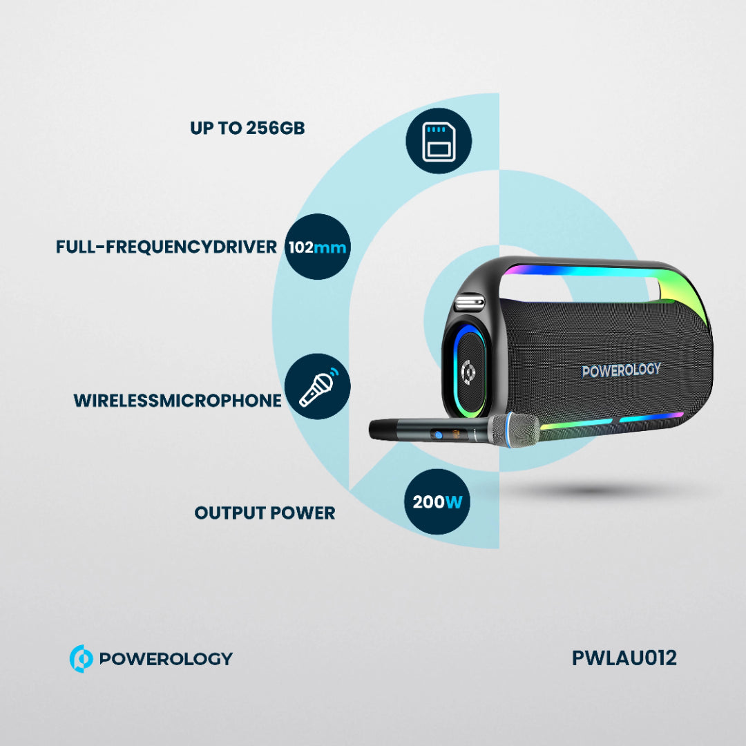 Powerology مكبر صوت للحفلات بصوت جهير عميق - PWLAU012 - أسود