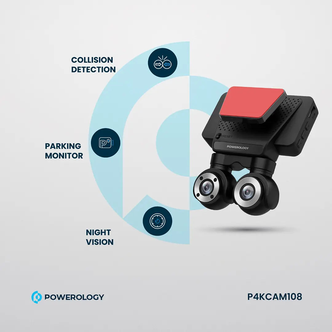 Powerology Dual Lens Dash Camera - P4KCAM108 - Black