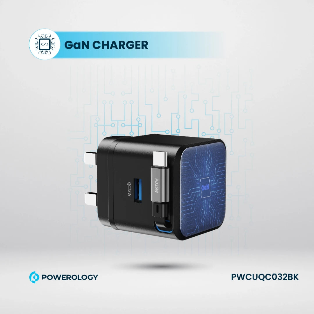 Powerology Dual Port | Retractable GaN Charger - PWCUQC032BK - Black
