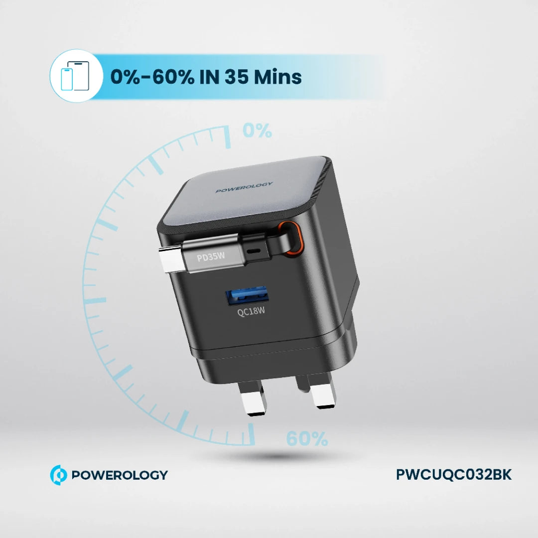 Powerology Dual Port | Retractable GaN Charger - PWCUQC032BK - Black
