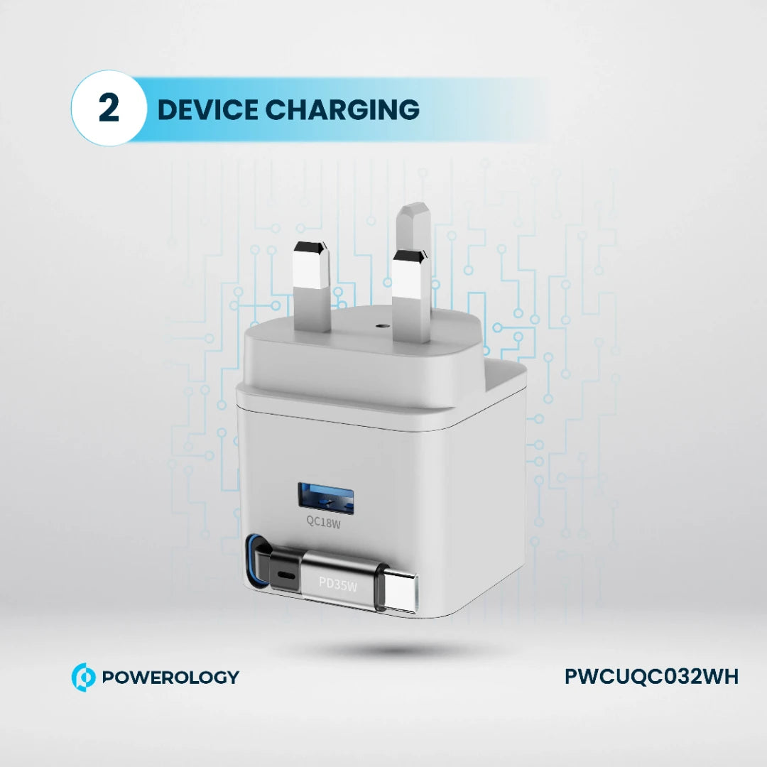 Powerology Dual Port | Retractable GaN Charger - PWCUQC032WH - White