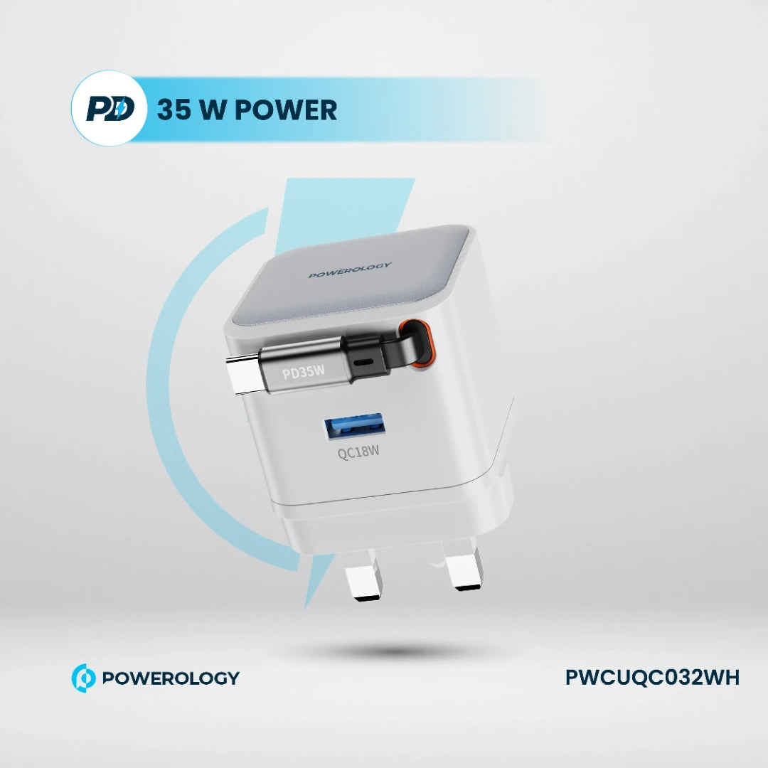 Powerology Dual Port | Retractable GaN Charger - PWCUQC032WH - White