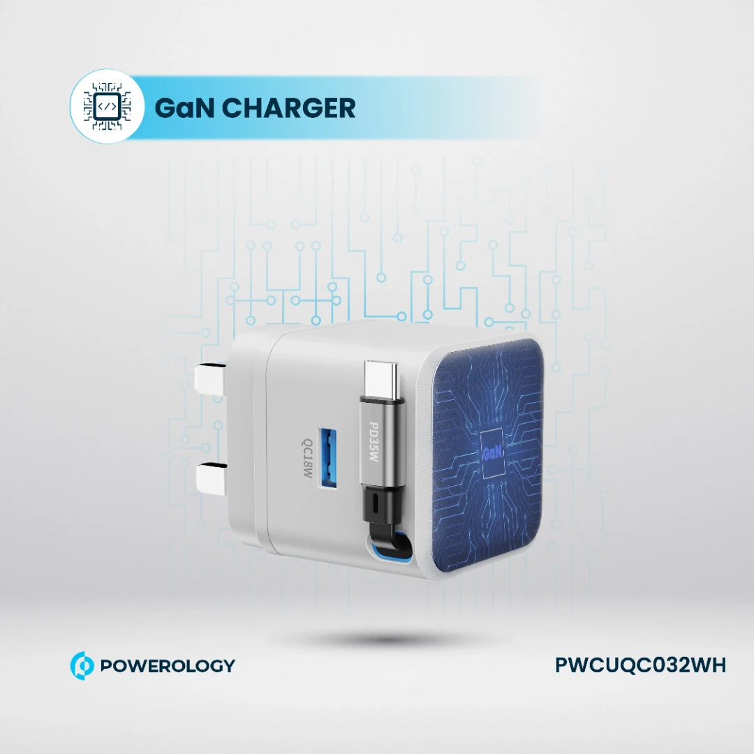 Powerology Dual Port | Retractable GaN Charger - PWCUQC032WH - White