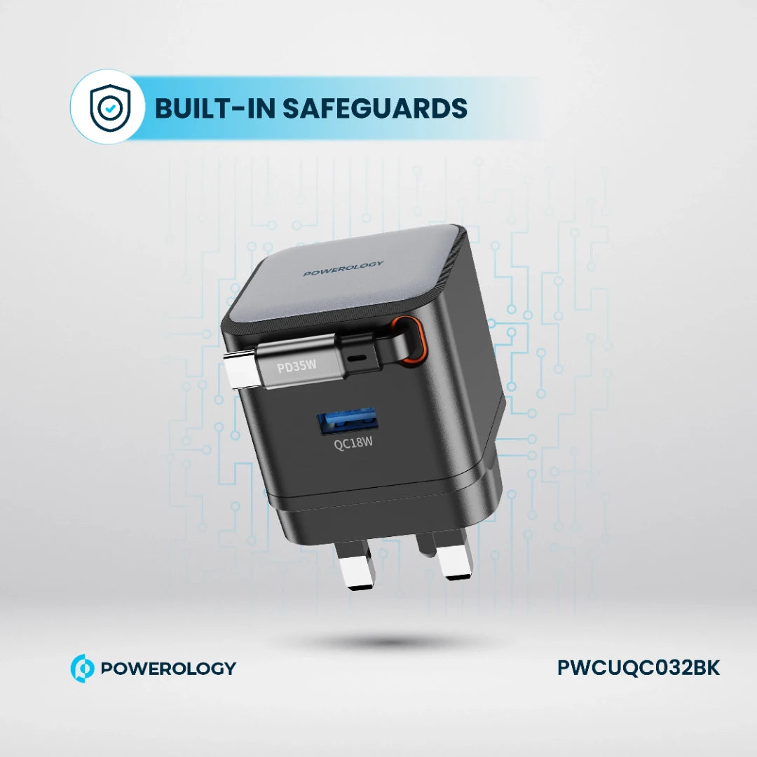 Powerology Dual Port | Retractable GaN Charger - PWCUQC032BK - Black