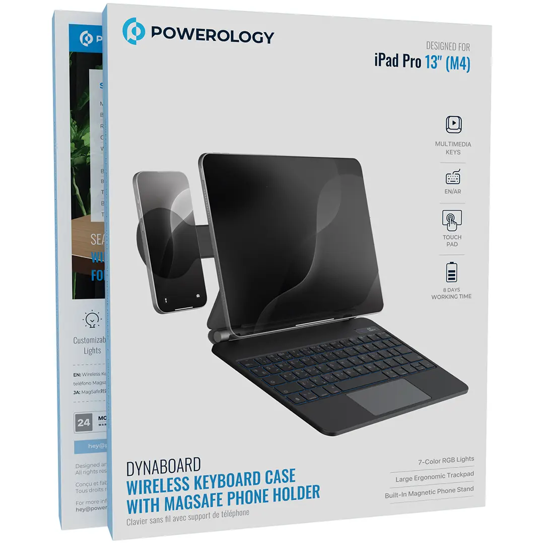 Powerology حافظة لوحة مفاتيح لاسلكية من DynaBoard مع حامل هاتف MagSafe مصممة لجهاز iPad Pro 13 بوصة (M4) - PWMK13BK - أسود