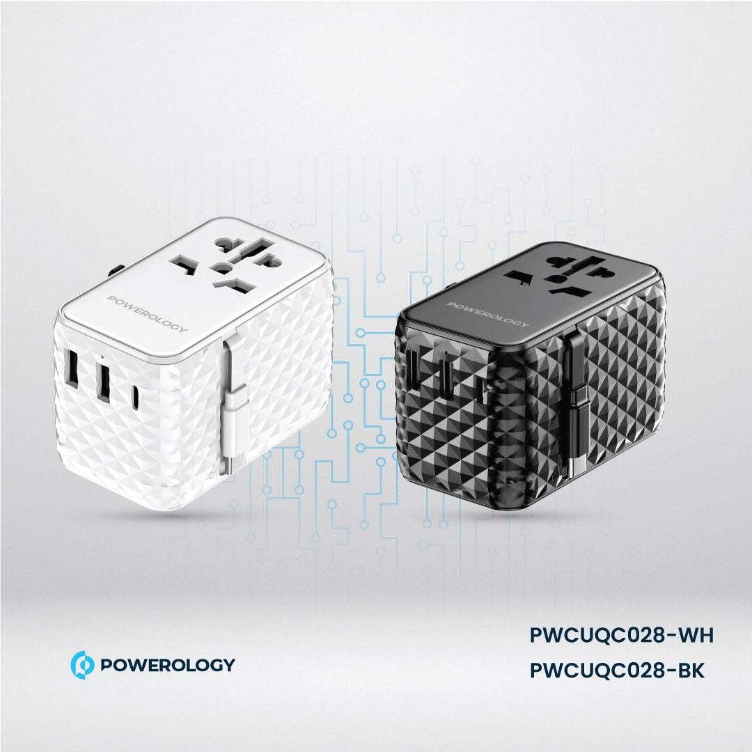 Powerology GaN 20W PD Universal Adapter Retractable Type-C Cable - PWCUQC028-BK - Black