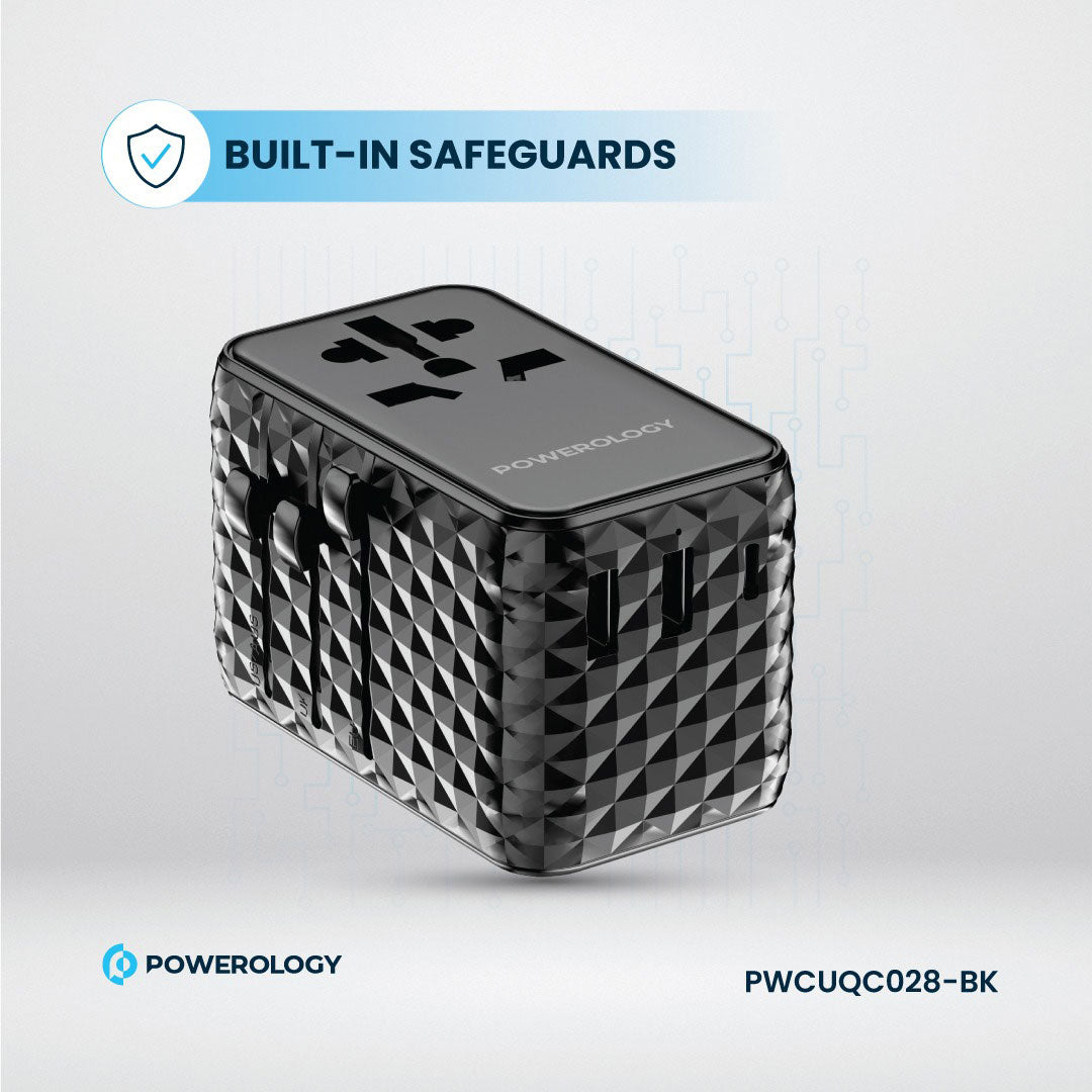 Powerology GaN 20W PD Universal Adapter Retractable Type-C Cable - PWCUQC028-BK - Black