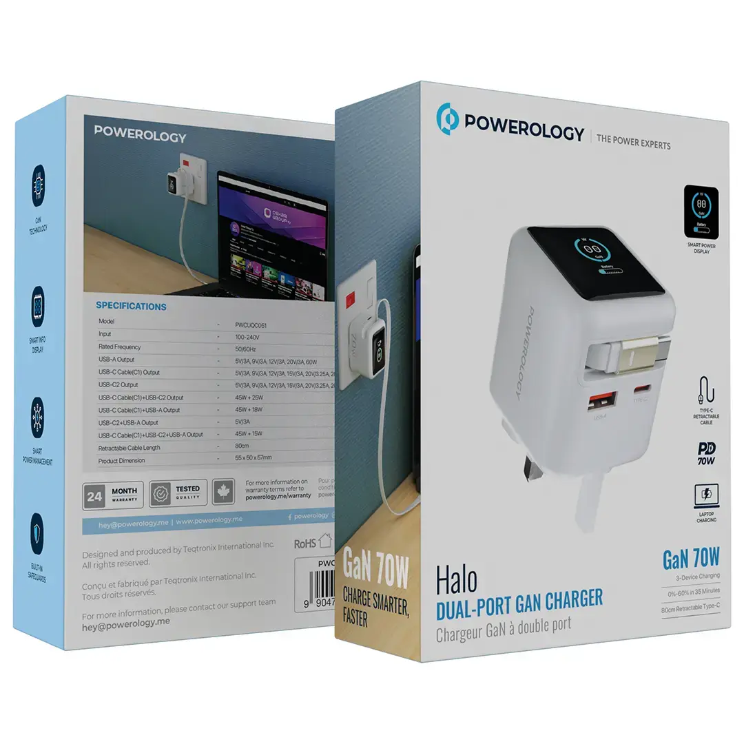 Powerology Halo Dual-Port GaN Charger - PWCUQC051GY - Gray
