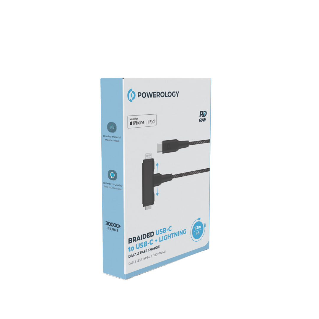 Powerology كابل مضفر من USB-C إلى USB-C مع منفذ Lightning لنقل البيانات والشحن السريع، طوله 1.2 متر/4 أقدام - PCAB007BK - أسود