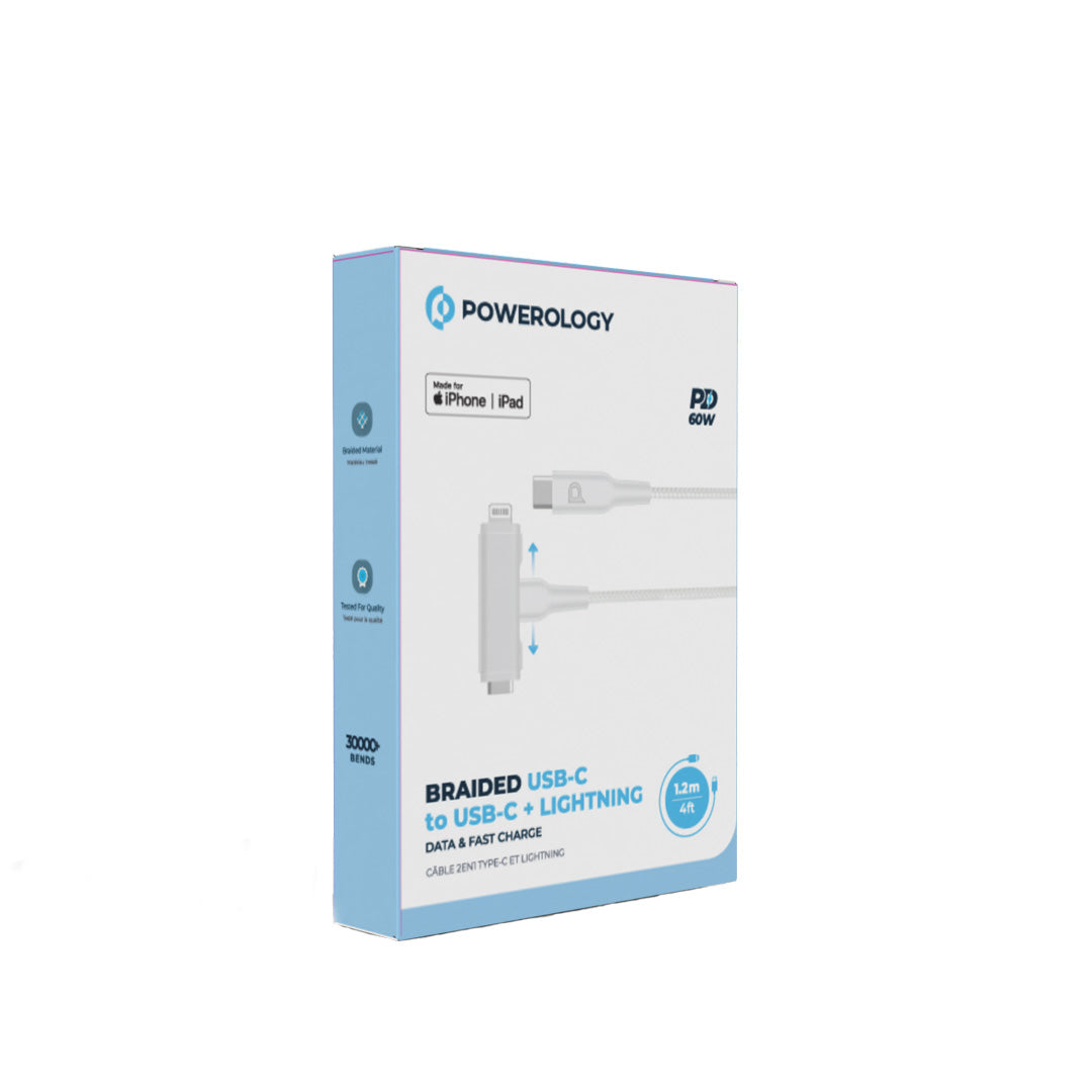 Powerology Braided USB-C to USB-C + Lightning Data & Fast Charge 1.2m/4ft - PCAB007WH - White