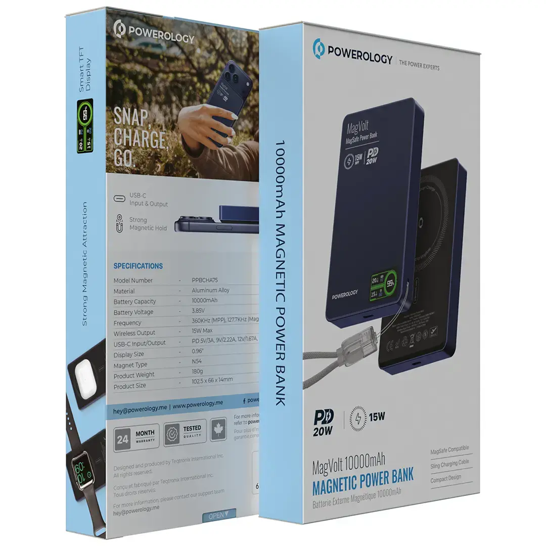 Powerology MagVolt 10000mAh Magnetic Power Bank - PPBCHA75BU - Blue