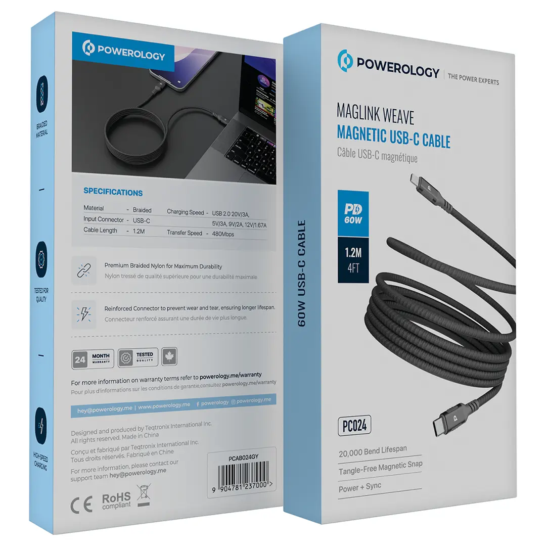 Powerology Malinka Weave Magnetic USB-C 1.2M Cable PD 60W - PCAB024GY - Gray
