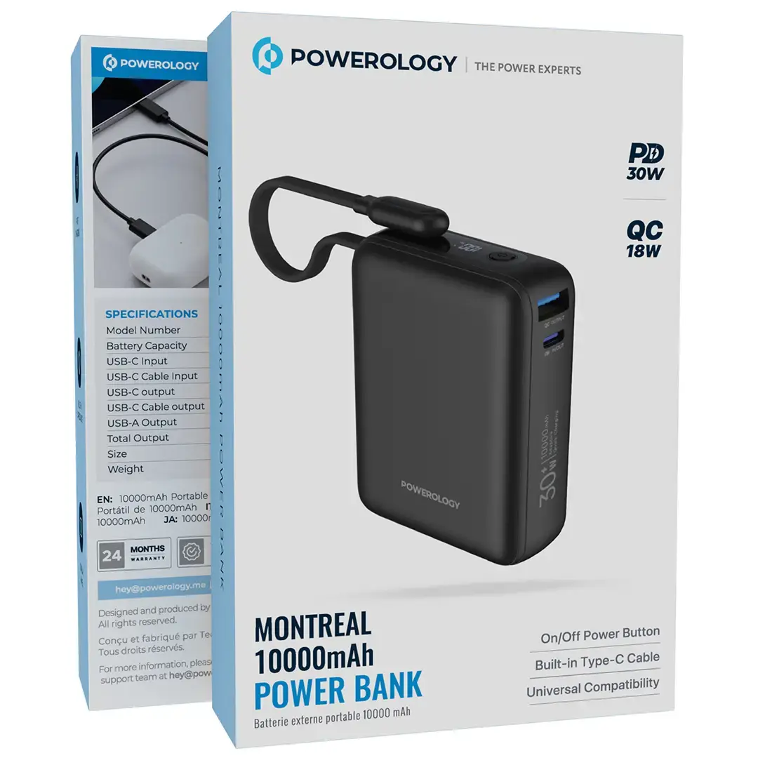 Powerology Montreal 10000mAh Power Bank - PPBAM12BK - Black