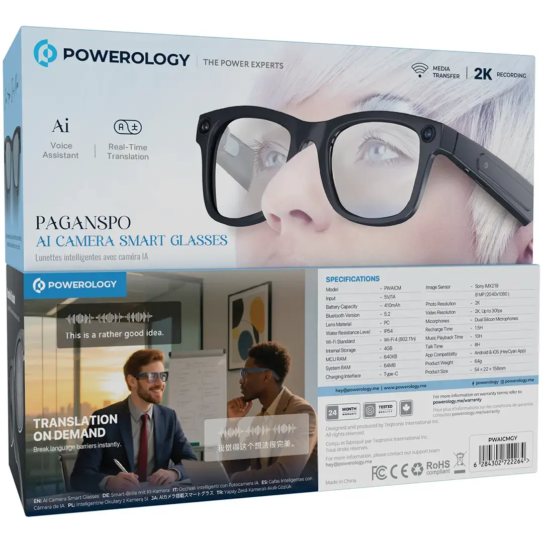 Powerology Paganspo AI Camera Smart Glasses - PWAICMGY - Grey