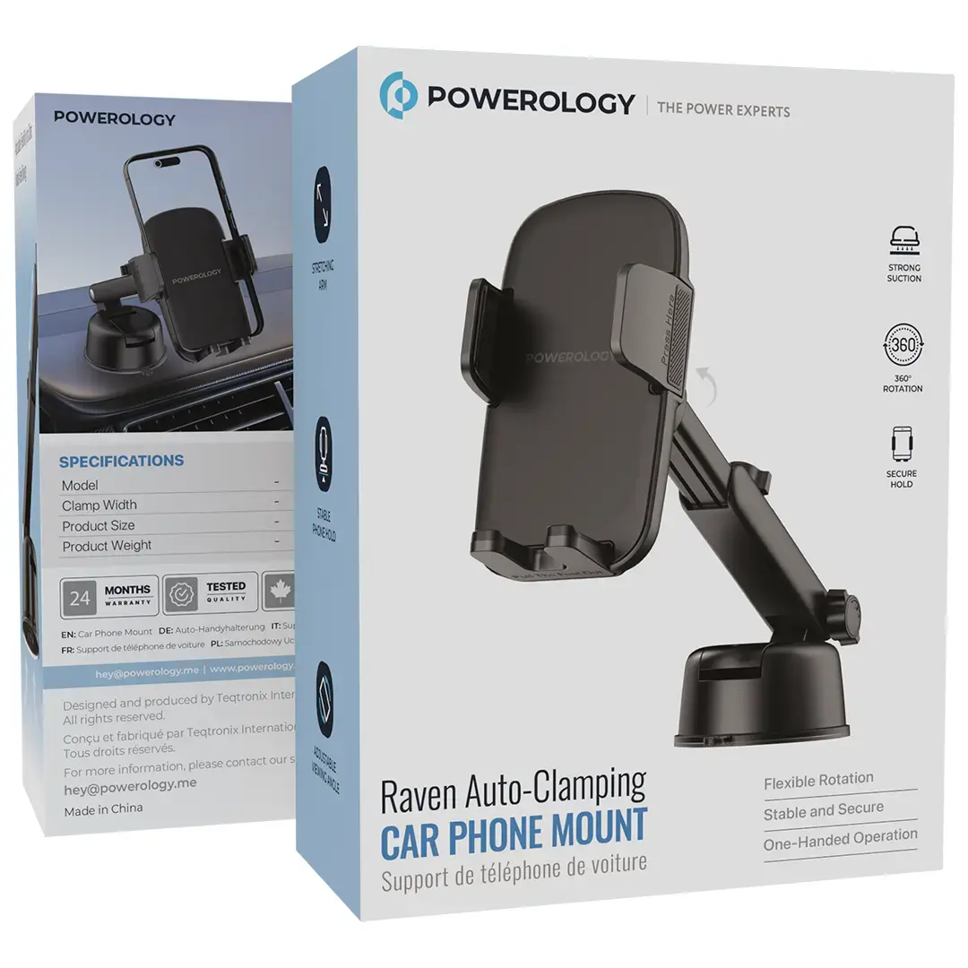 Powerology Raven Auto-Clamping Car Phone Mount - PWRLX08BK - Black