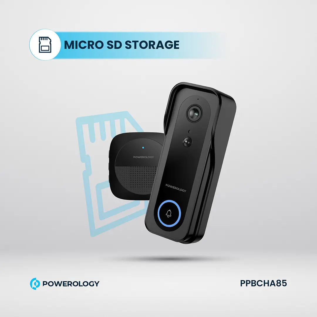 Powerology جرس باب ذكي مزود بكاميرا تعمل بالأشعة تحت الحمراء بدقة 3 ميجابكسل، وبطارية 5200 مللي أمبير، وبطارية مقاومة للماء والغبار بمعيار IP65، وسعة تخزين 265 جيجابايت، وخاصية الاتصال الصوتي - PPBCHA85 - أسود