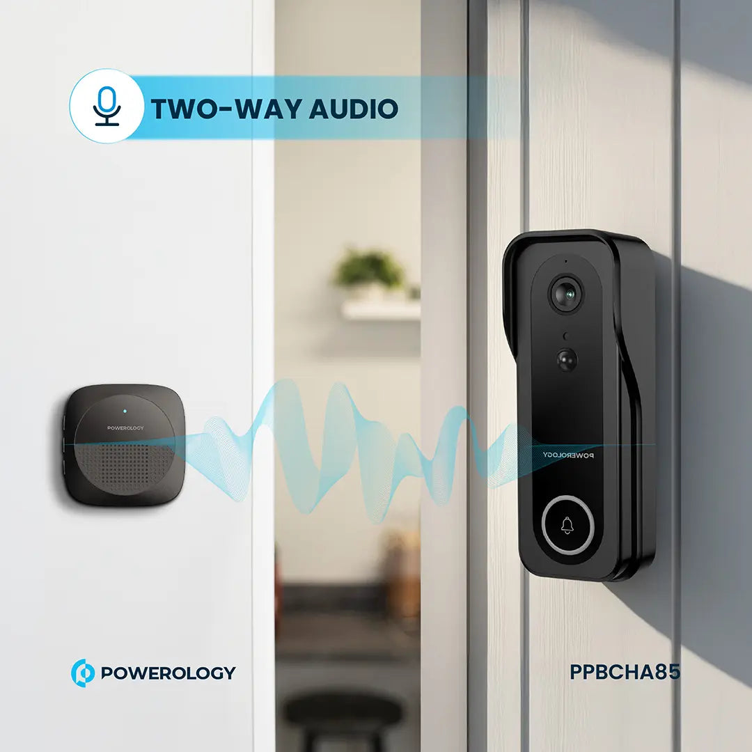 Powerology جرس باب ذكي مزود بكاميرا تعمل بالأشعة تحت الحمراء بدقة 3 ميجابكسل، وبطارية 5200 مللي أمبير، وبطارية مقاومة للماء والغبار بمعيار IP65، وسعة تخزين 265 جيجابايت، وخاصية الاتصال الصوتي - PPBCHA85 - أسود