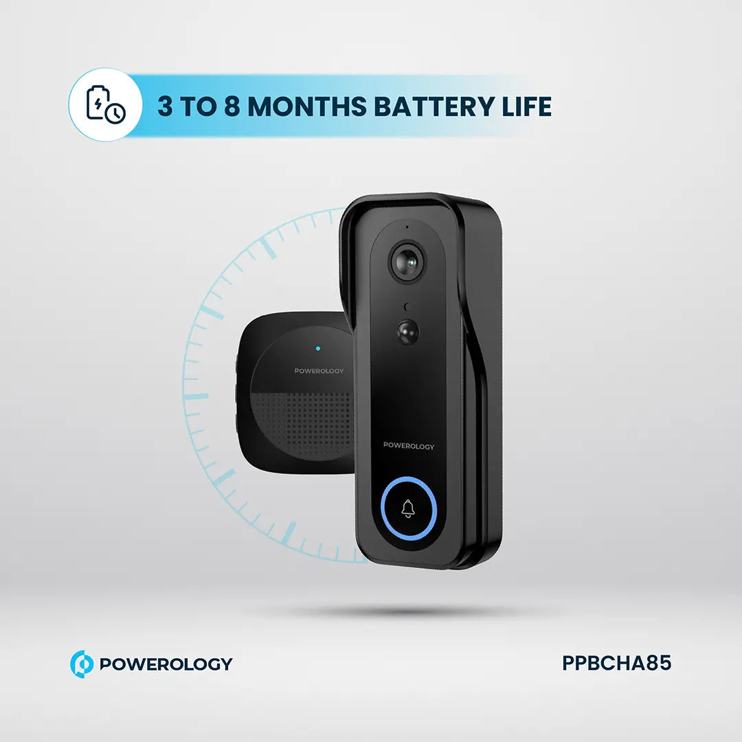 Powerology جرس باب ذكي مزود بكاميرا تعمل بالأشعة تحت الحمراء بدقة 3 ميجابكسل، وبطارية 5200 مللي أمبير، وبطارية مقاومة للماء والغبار بمعيار IP65، وسعة تخزين 265 جيجابايت، وخاصية الاتصال الصوتي - PPBCHA85 - أسود