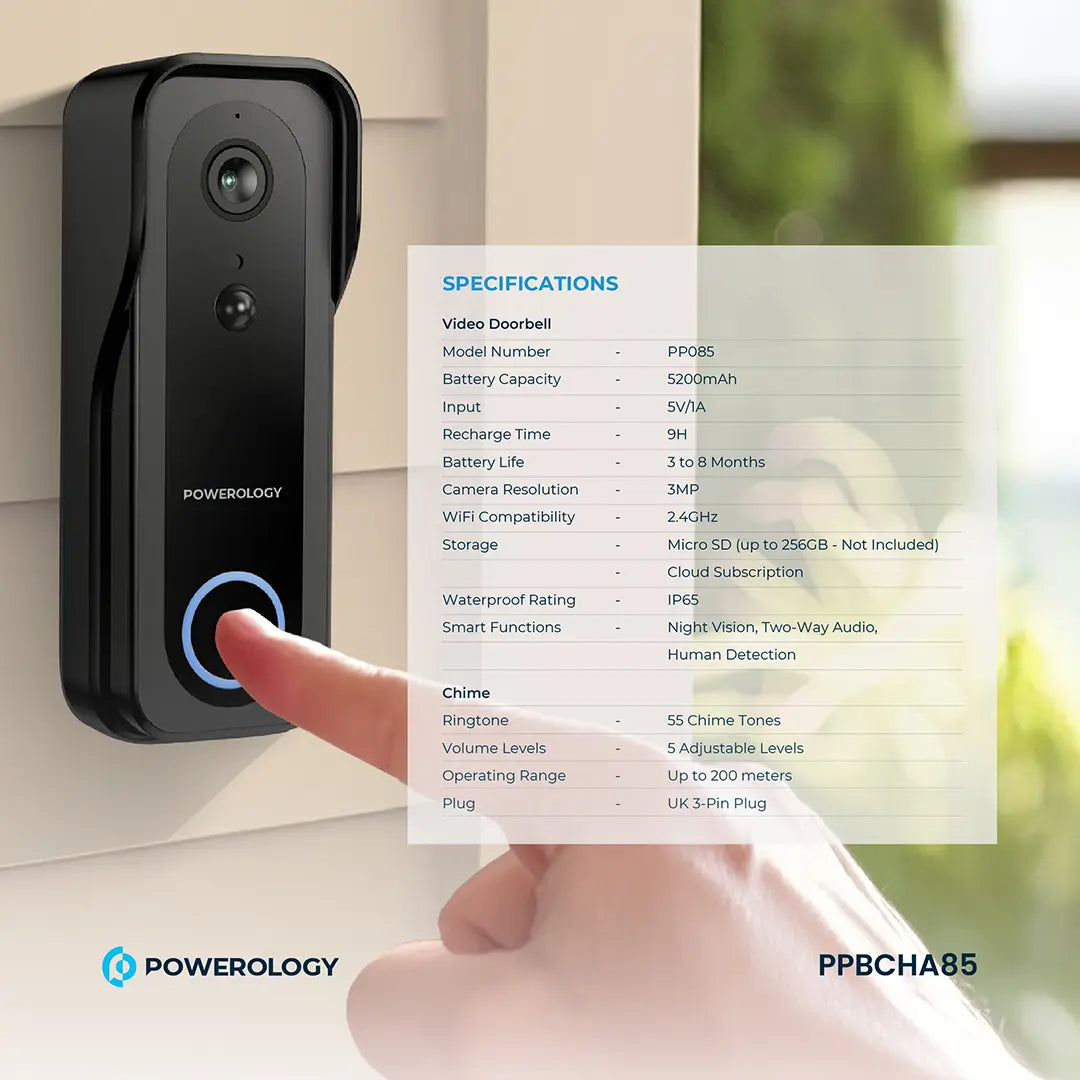 Powerology جرس باب ذكي مزود بكاميرا تعمل بالأشعة تحت الحمراء بدقة 3 ميجابكسل، وبطارية 5200 مللي أمبير، وبطارية مقاومة للماء والغبار بمعيار IP65، وسعة تخزين 265 جيجابايت، وخاصية الاتصال الصوتي - PPBCHA85 - أسود