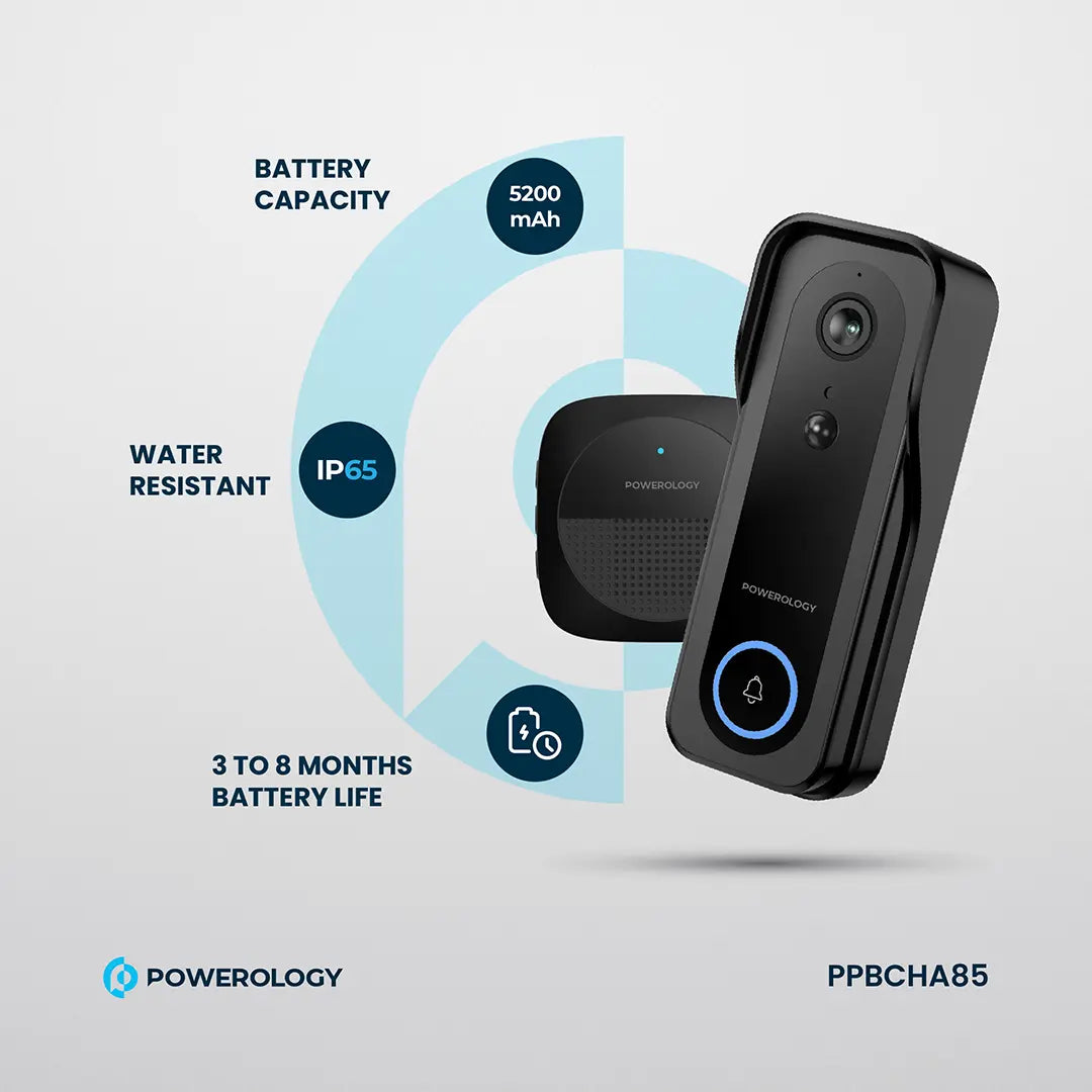 Powerology جرس باب ذكي مزود بكاميرا تعمل بالأشعة تحت الحمراء بدقة 3 ميجابكسل، وبطارية 5200 مللي أمبير، وبطارية مقاومة للماء والغبار بمعيار IP65، وسعة تخزين 265 جيجابايت، وخاصية الاتصال الصوتي - PPBCHA85 - أسود