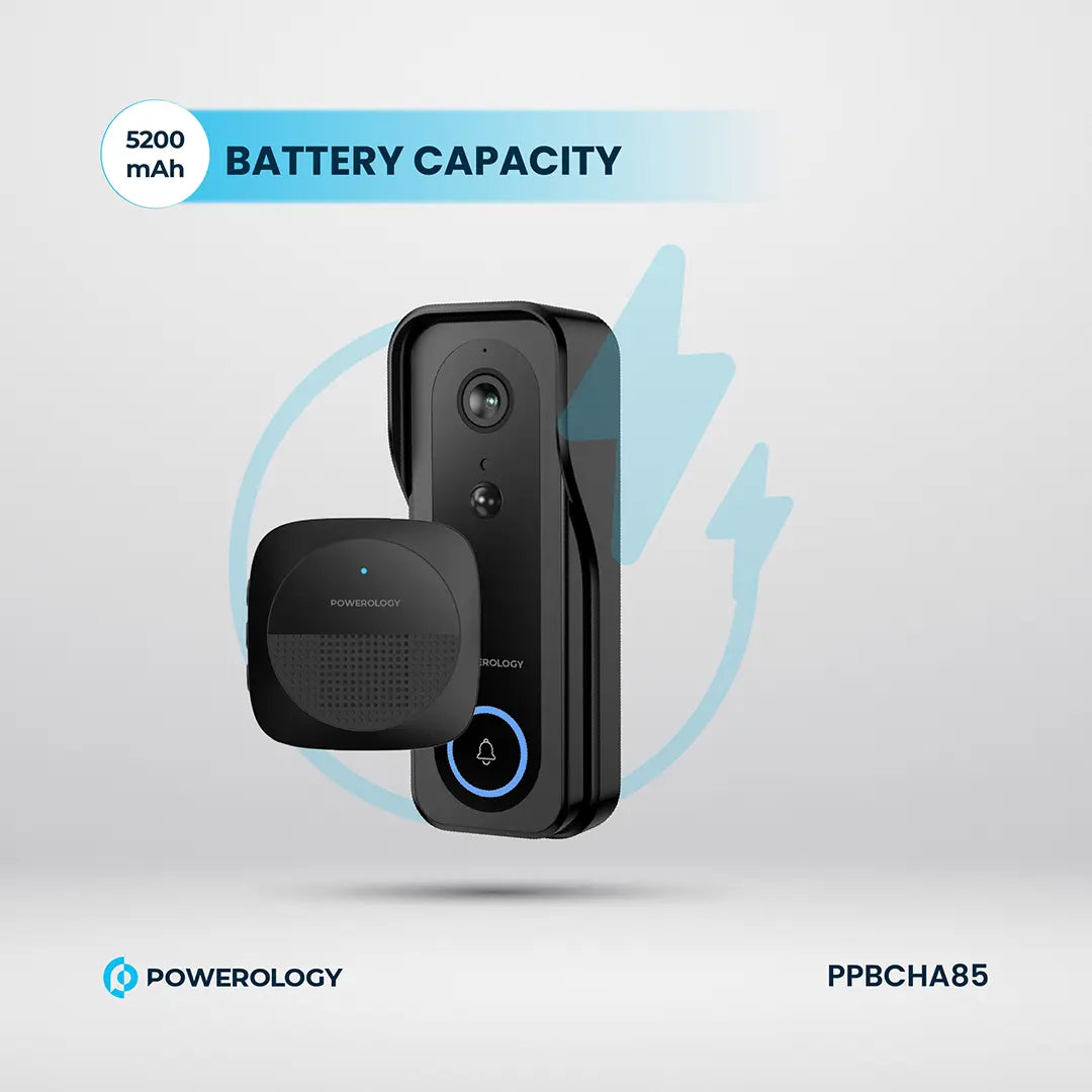 Powerology جرس باب ذكي مزود بكاميرا تعمل بالأشعة تحت الحمراء بدقة 3 ميجابكسل، وبطارية 5200 مللي أمبير، وبطارية مقاومة للماء والغبار بمعيار IP65، وسعة تخزين 265 جيجابايت، وخاصية الاتصال الصوتي - PPBCHA85 - أسود