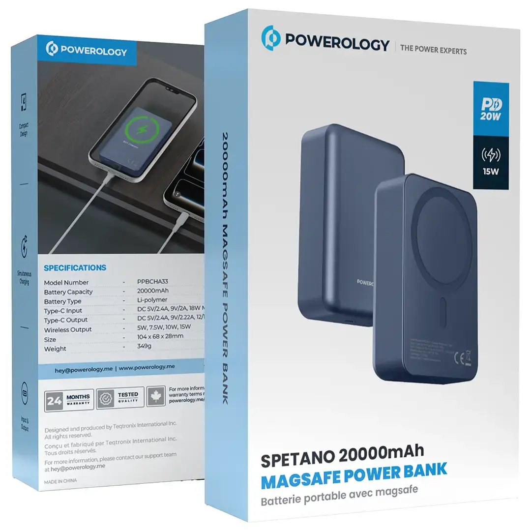 Powerology بنك طاقة سبيتانو 20000 مللي أمبير، ماج سيف، مصنوع من الألومنيوم، يدعم الشحن السريع بقوة 20 واط - PPBCHA33OG - برتقالي