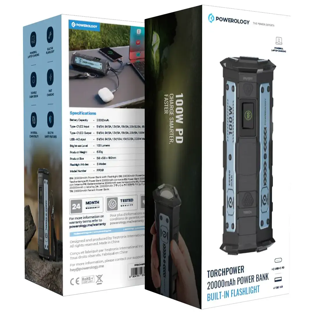 Powerology بنك طاقة TorchPower بسعة 20000 مللي أمبير مع مصباح يدوي مدمج - PPBCHA91BK - أسود