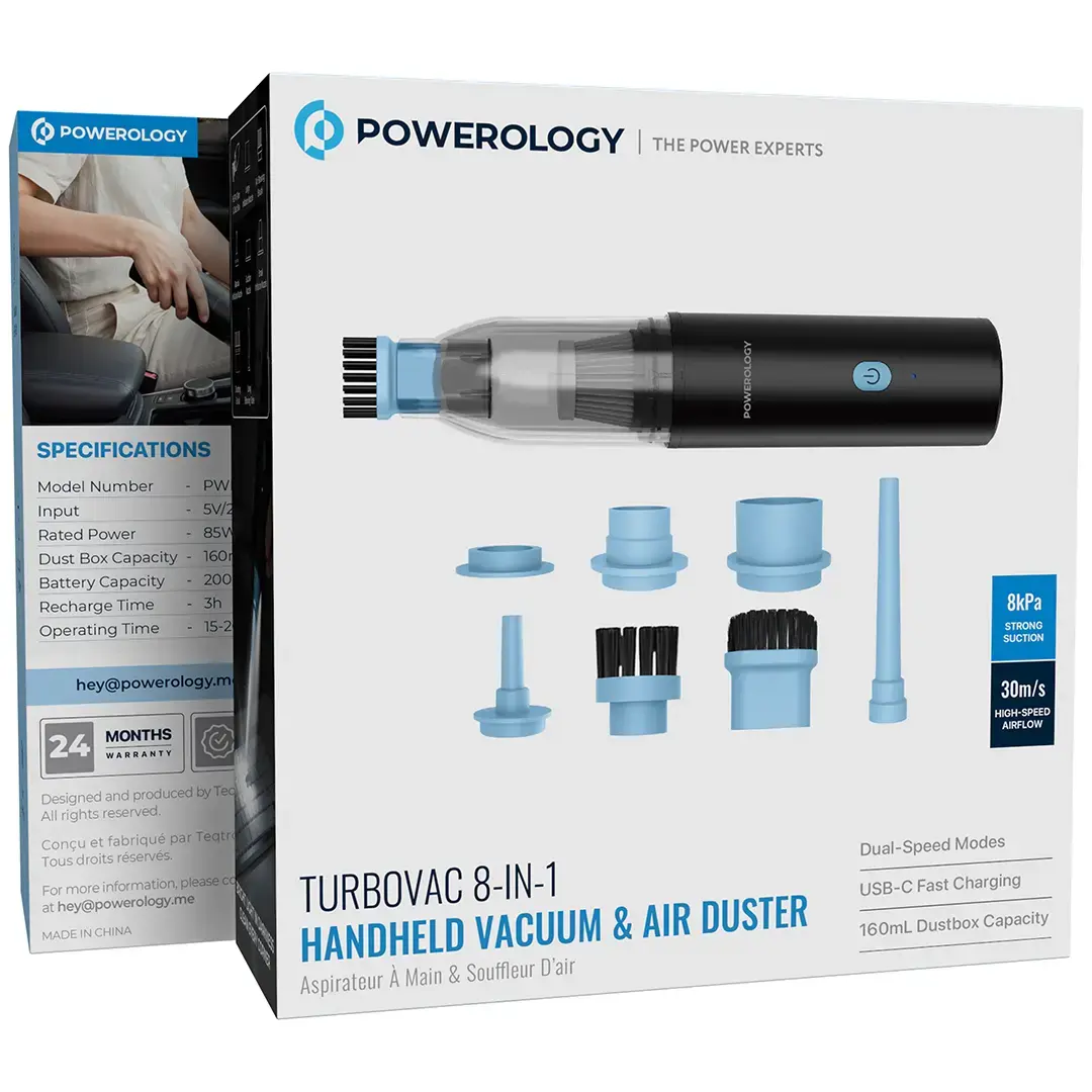 Powerology مكنسة كهربائية يدوية توربو فاك 8 في 1 ومنفضة هواء - PWLFVD05BK - أسود