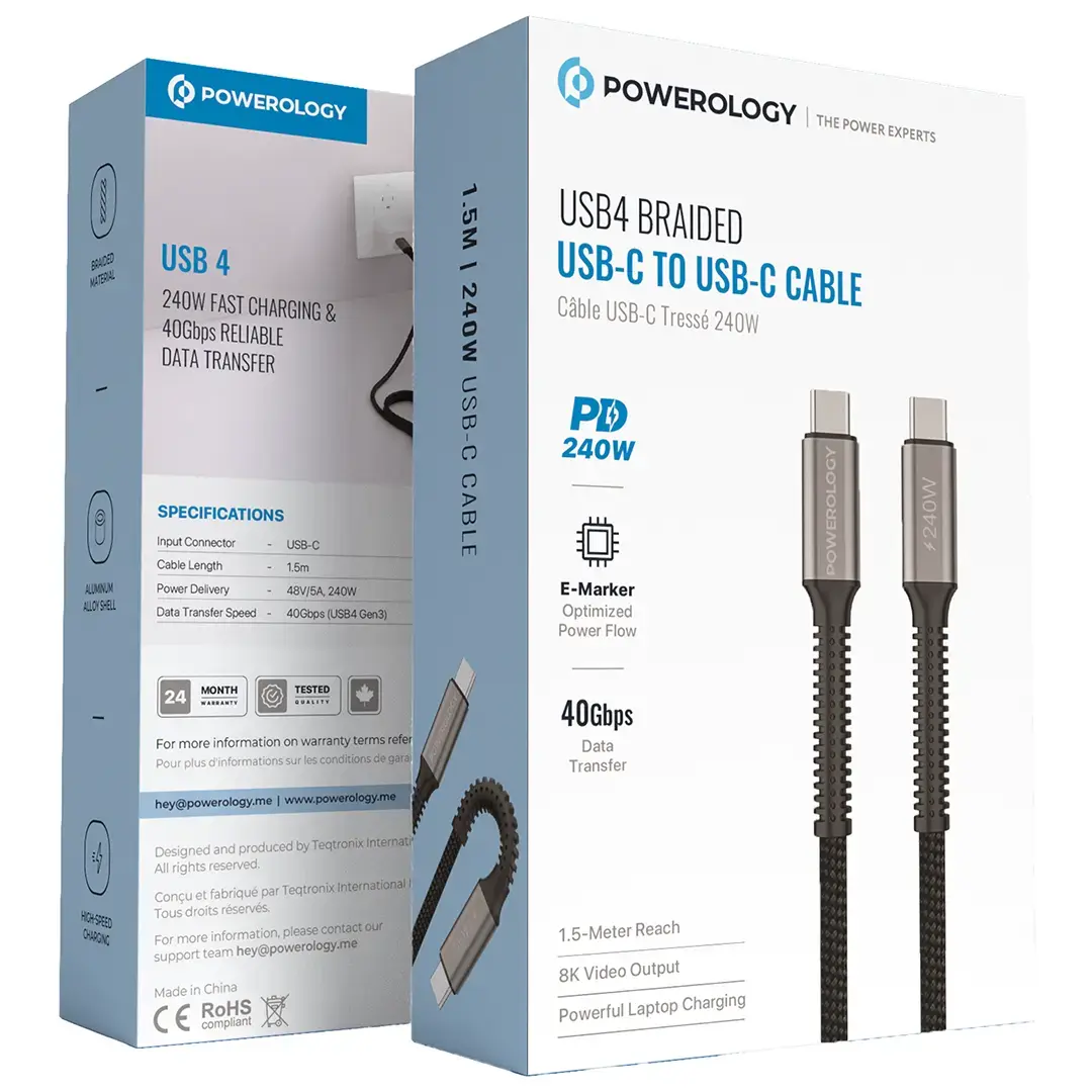 Powerology كابل USB-C مضفر من نوع USB-C إلى USB-C - PCAB033BK - أسود