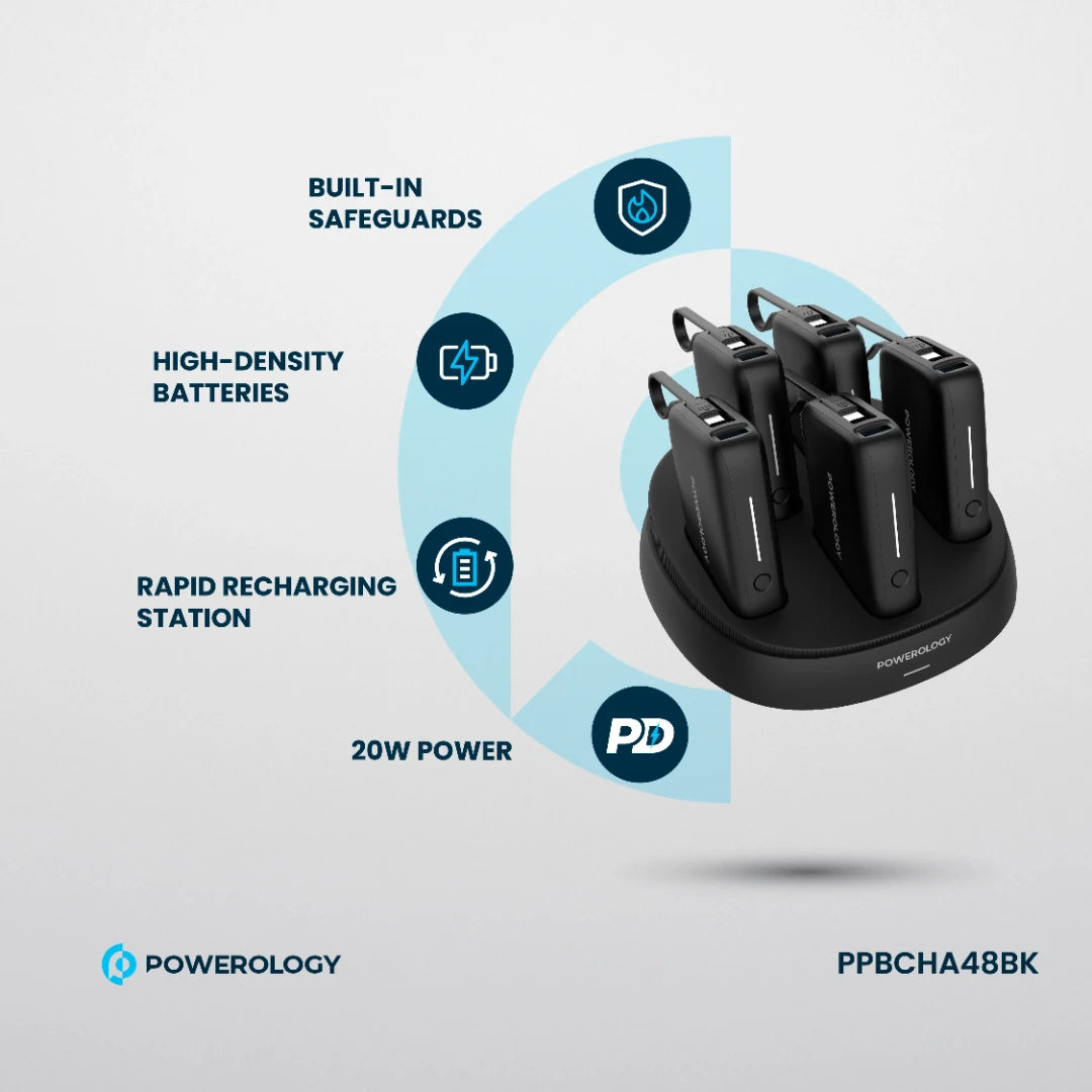 Powerology ×5 10000mAh Power Bank Station - PPBCHA48BK - Black
