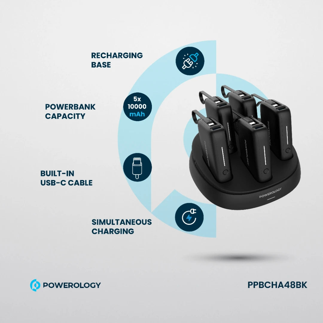 Powerology ×5 10000mAh Power Bank Station - PPBCHA48BK - Black