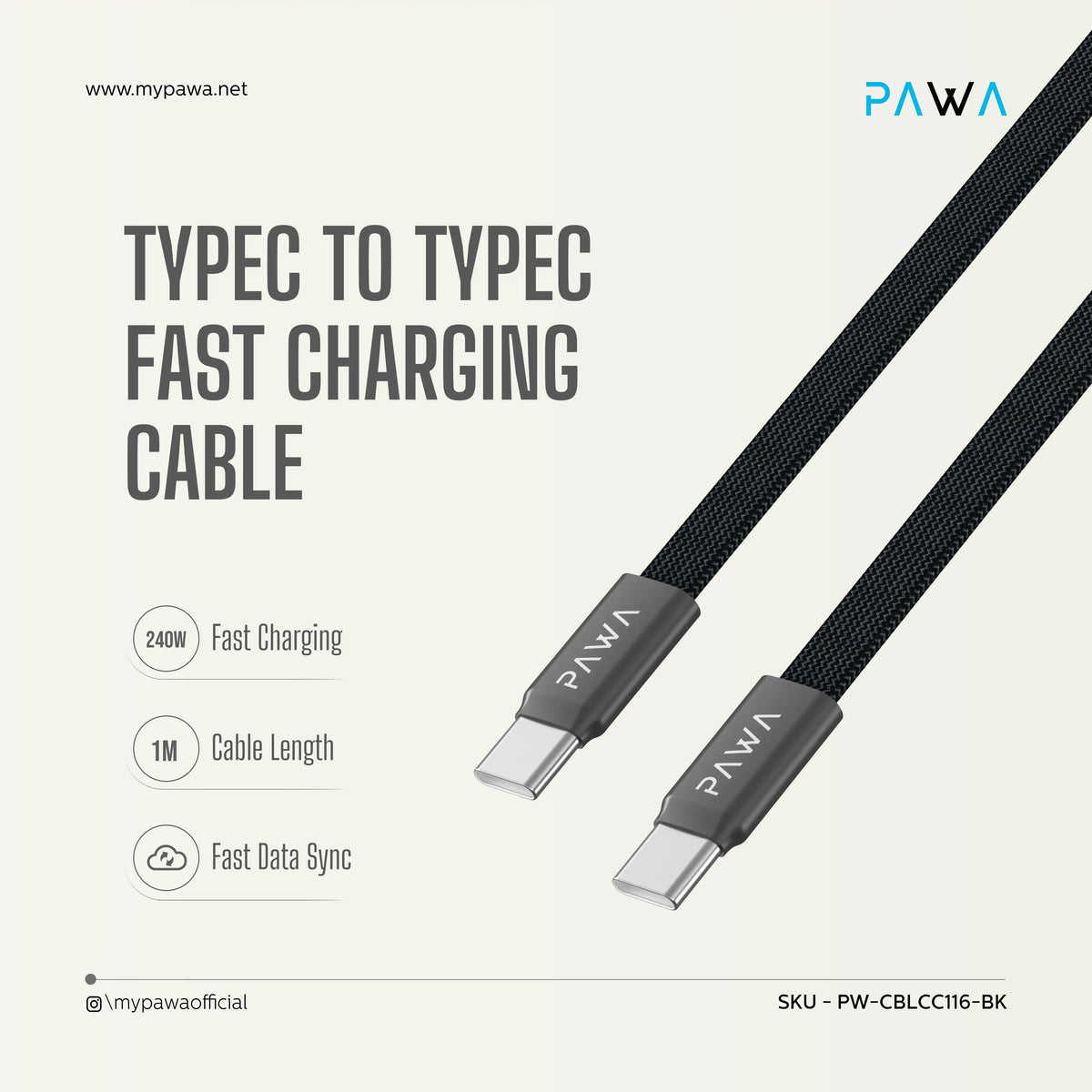 PAWA إيجنايت سينك كابل مغناطيسي مضفر Type-C إلى Type-C بقوة 240 واط - أسود