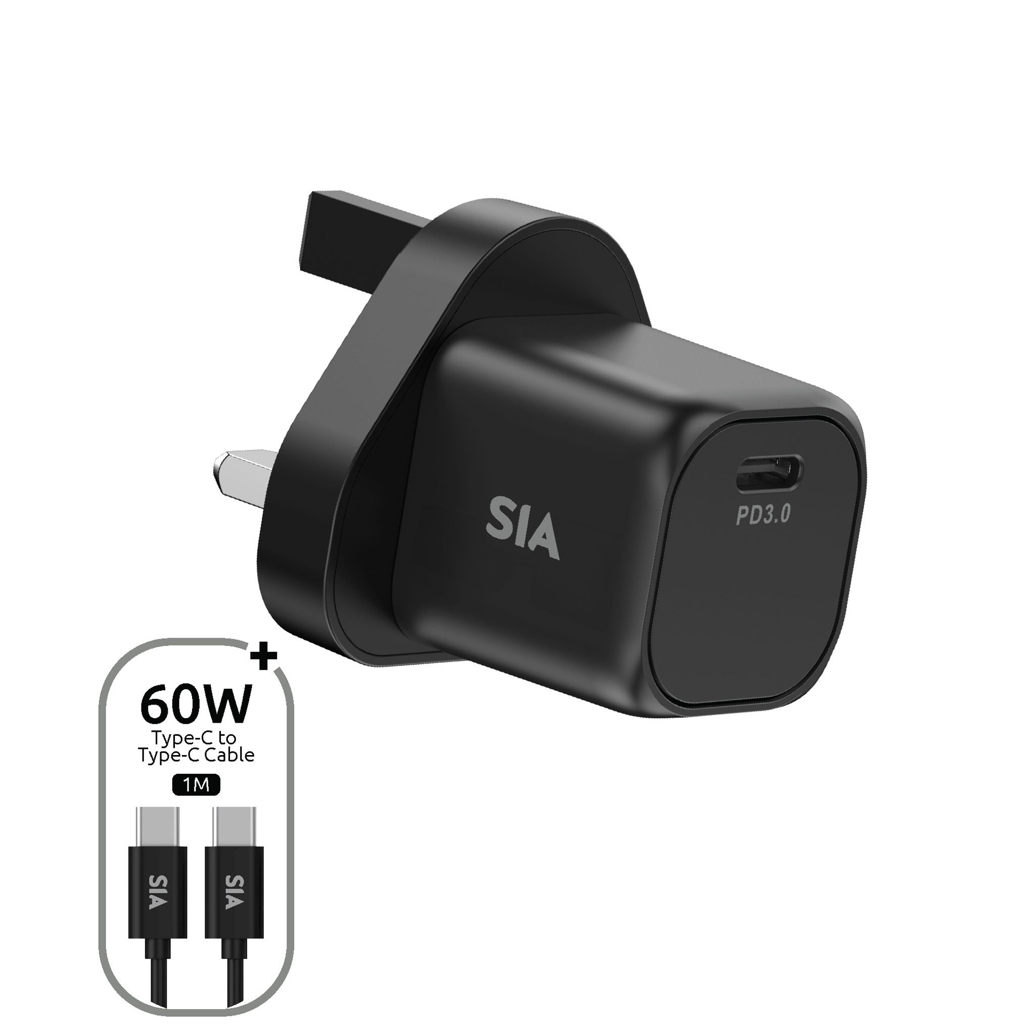 SIA MINI WALL CHARGER GAN PD/PPS 35W TYPE-C PORT WITH C-C CABLE 1M BLACK-UK - SIVB35WUKP1