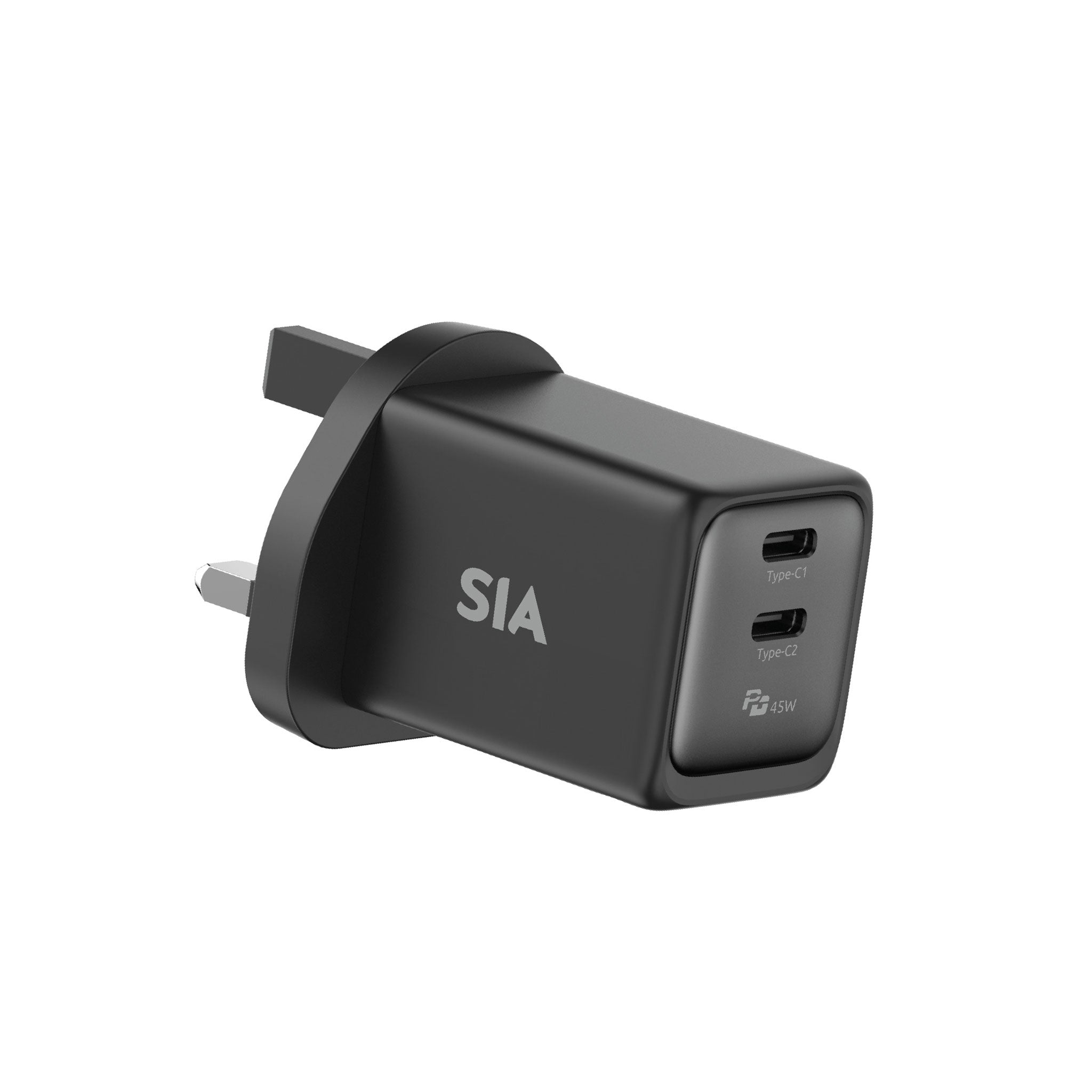 SIA WALL CHARGER GAN PD/PPS 45W DUAL TYPE-C PORT BLACK-GRAY-UK - SIVB45WUK2C