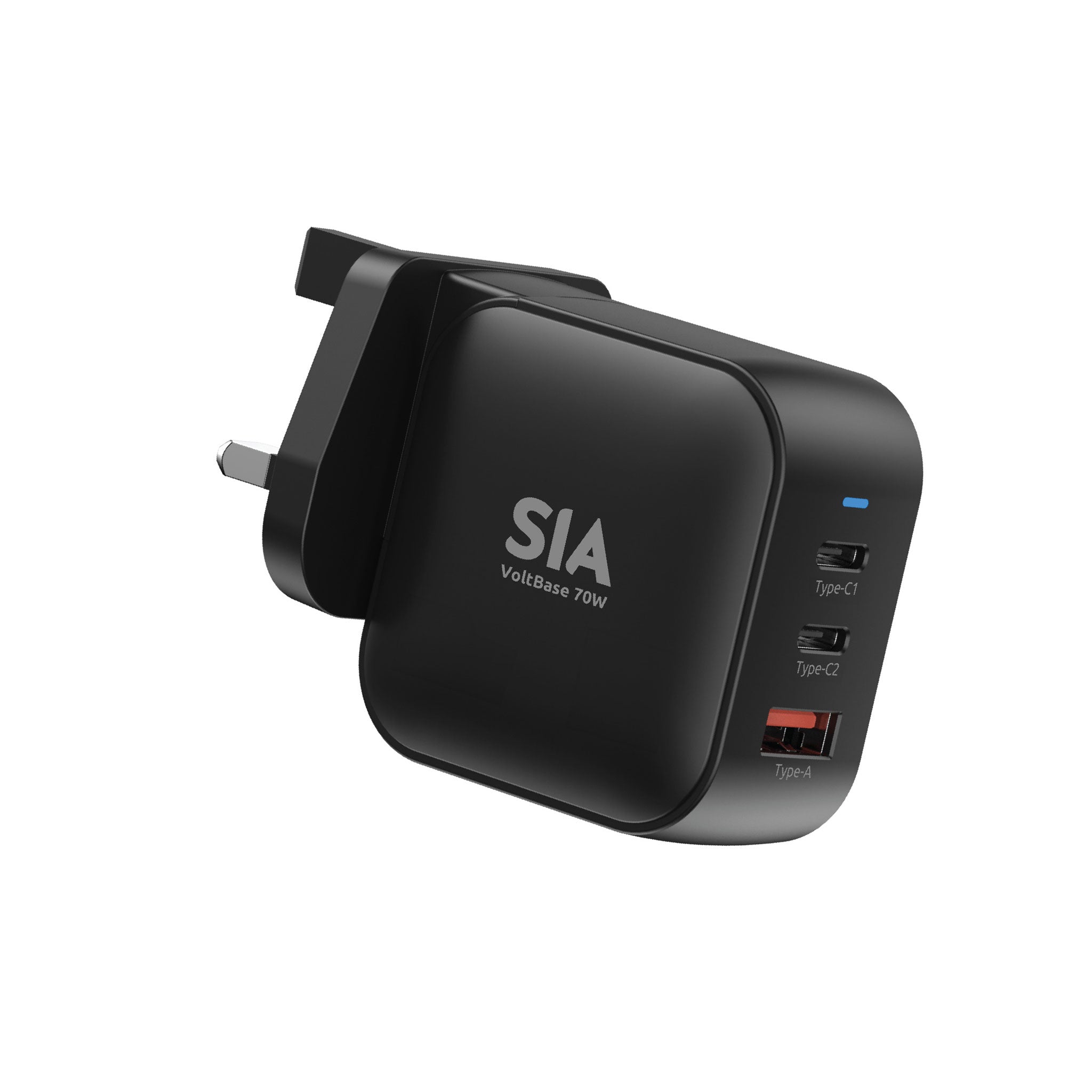 SIA WALL CHARGER GAN PD/PPS/QC 70W 2 TYPE-C PORTS + USB-A PORT BLACK -UK - SIVB70WUK