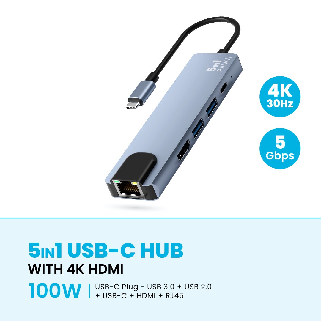PAWA هب USB-C بـ 5 في 1 مع HDMI بدقة 4K