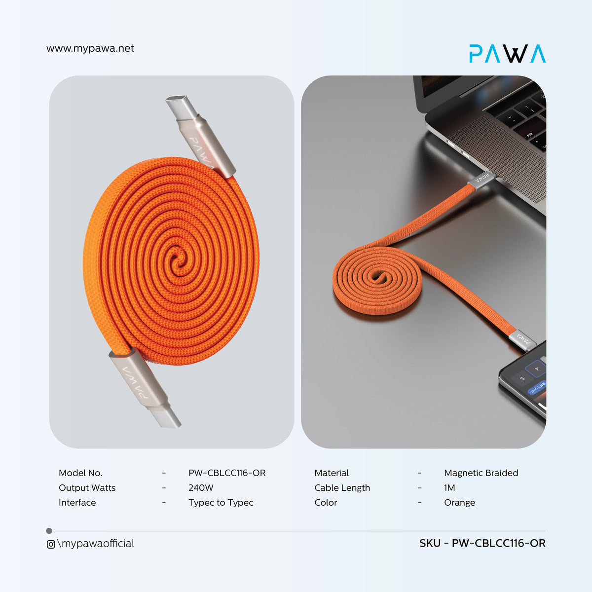 PAWA إيجنايت سينك كابل مغناطيسي مضفر Type-C إلى Type-C بقوة 240 واط - برتقالي