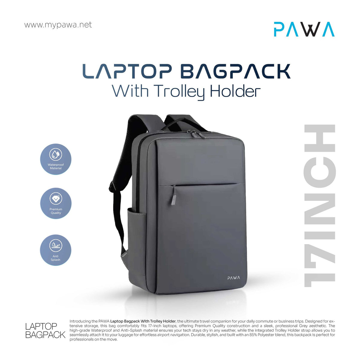 PAWA حقيبة ظهر لللابتوب مع حامل ترولي - رمادي