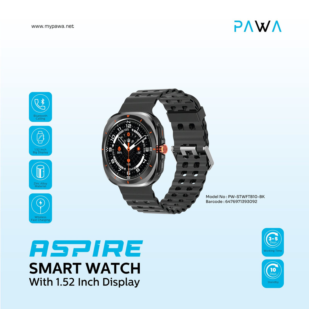 ساعة PAWA أسباير الذكية بشاشة 1.52 بوصة - أسود