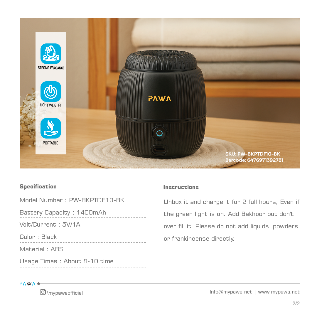 PAWA أتيرا مبخرة بخور محمولة - أسود