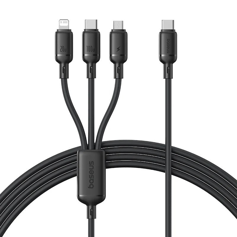 Baseus Silky 1.5m USB-C to M+L+C 100W 3-in-1 Fast Charging Cable – Black