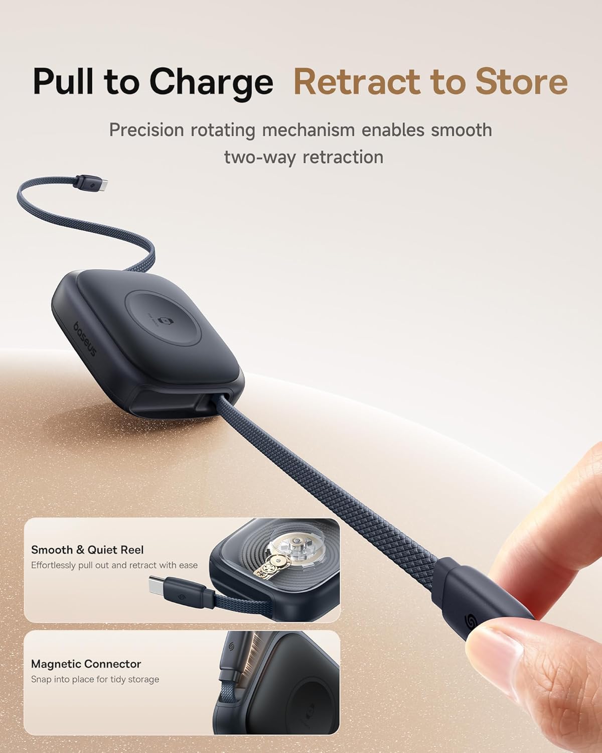 Baseus 100W Retractable Fast Charging Cable with Built-in Apple Watch Wireless Charger - Black