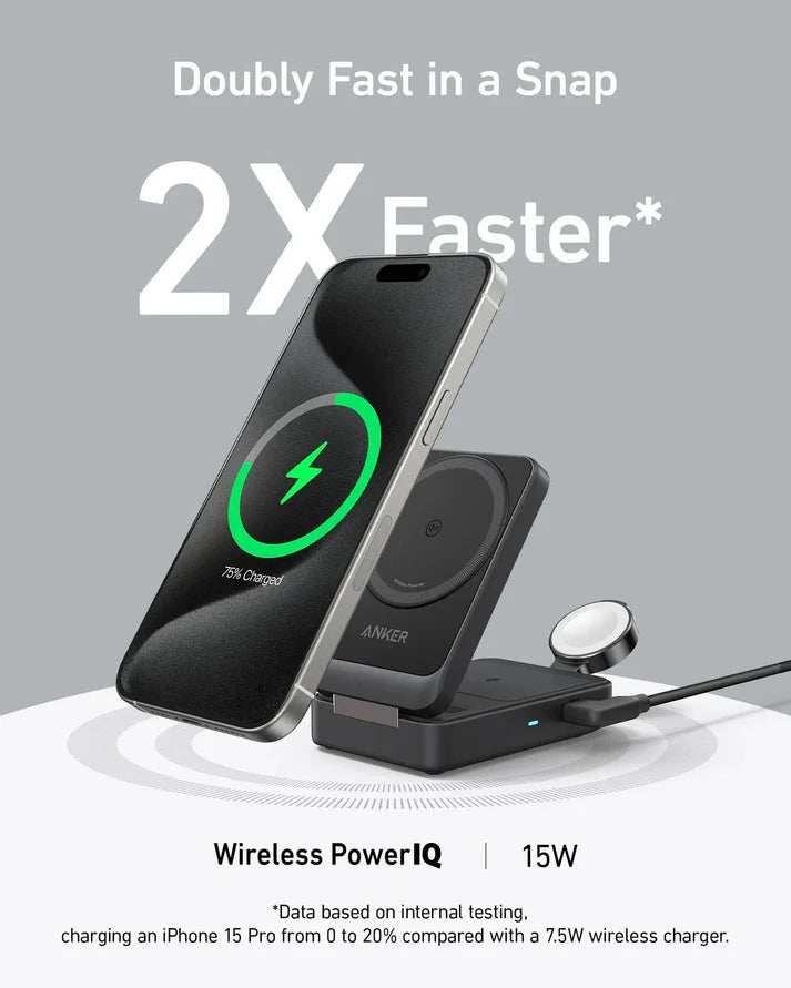 Anker MagGo Wireless Charging Station (15W, Foldable 3-in-1) -Black