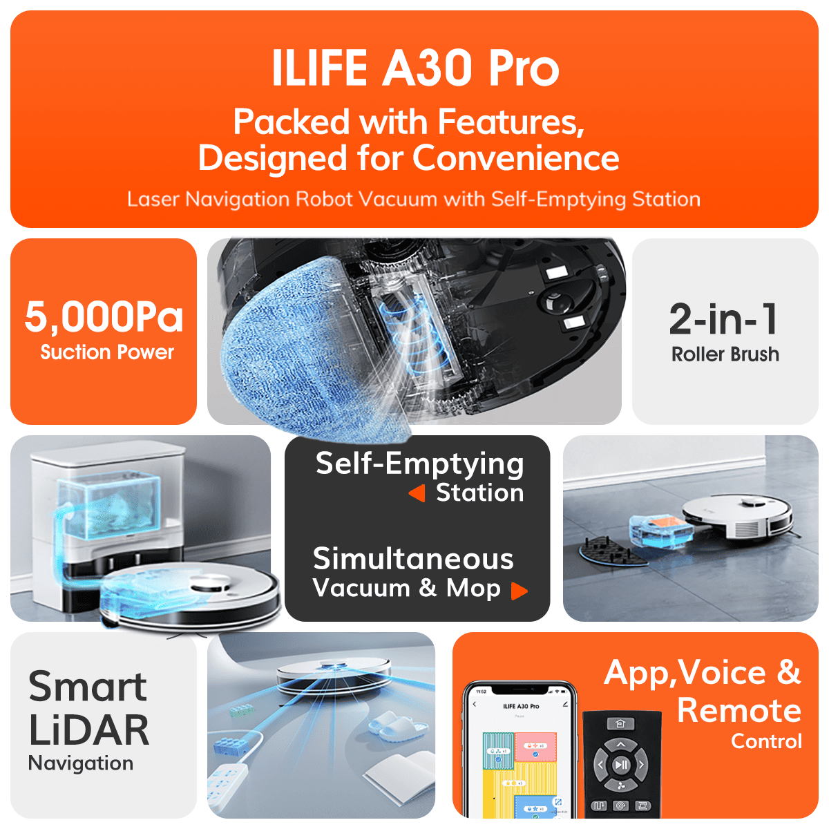 ILIFE A30 Pro Robot Vacuum and Mop with Self-Emptying Station - White